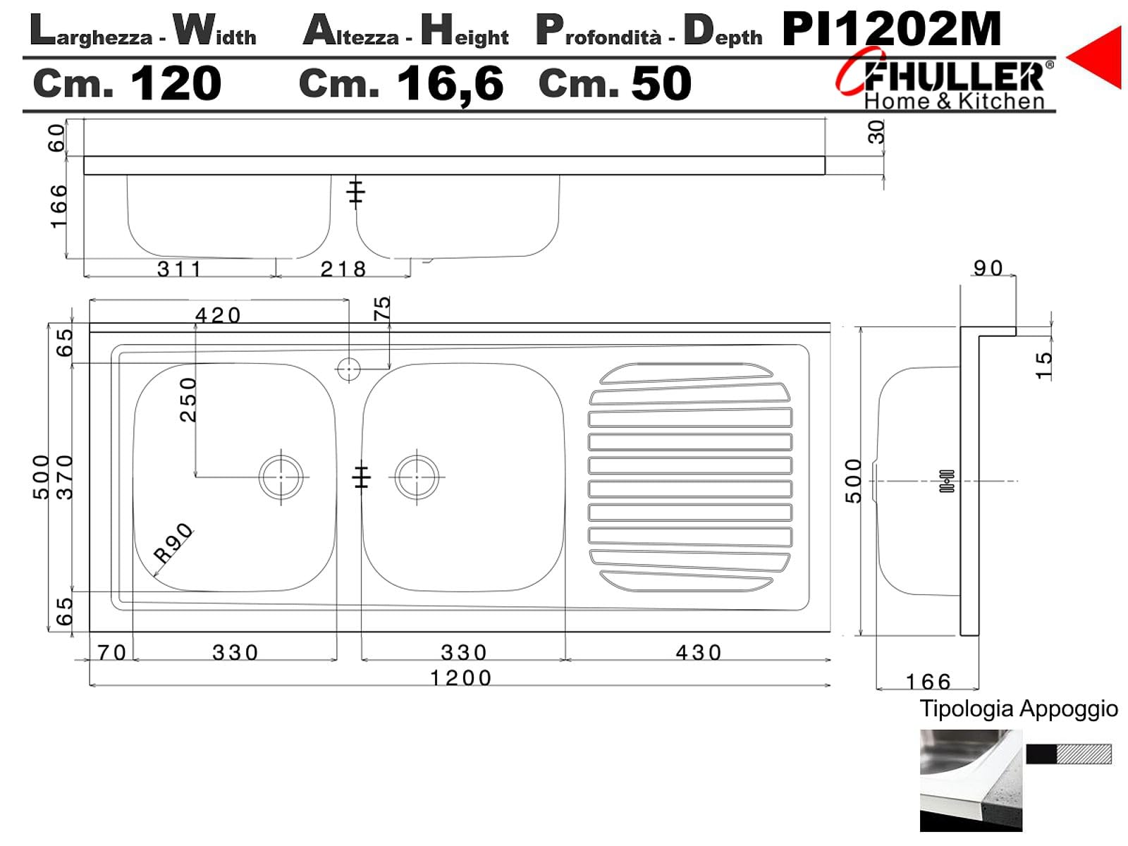 Lavello FHULLER Monostampo Da Appoggio 120X50 In Acciaio Inox AISI 304 Con Due Vasche a DESTRA e Gocciolatoio a SINISTRA Per Sottolavello da 120 Cucina Componibile Modello Pisa PI1202MLPC