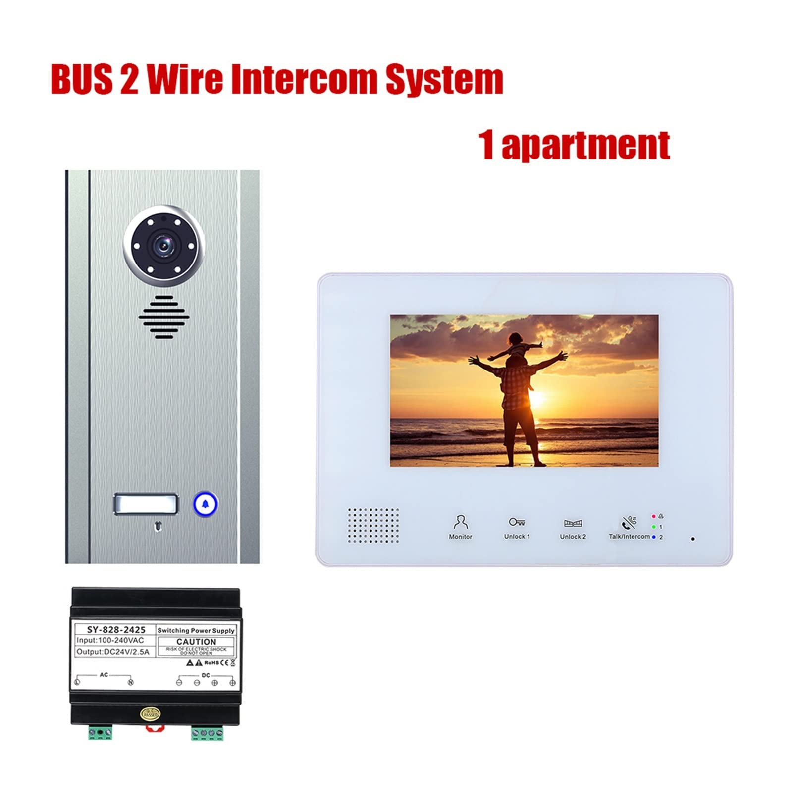 Videoportero con cámara de alta definición, 7 pulgadas Autobús 2 Kit de sistemas de intercomunicadores de teléfono de video for cables for casa 1 unidades Apartamento Noche Visión Audio claro, Fácil d