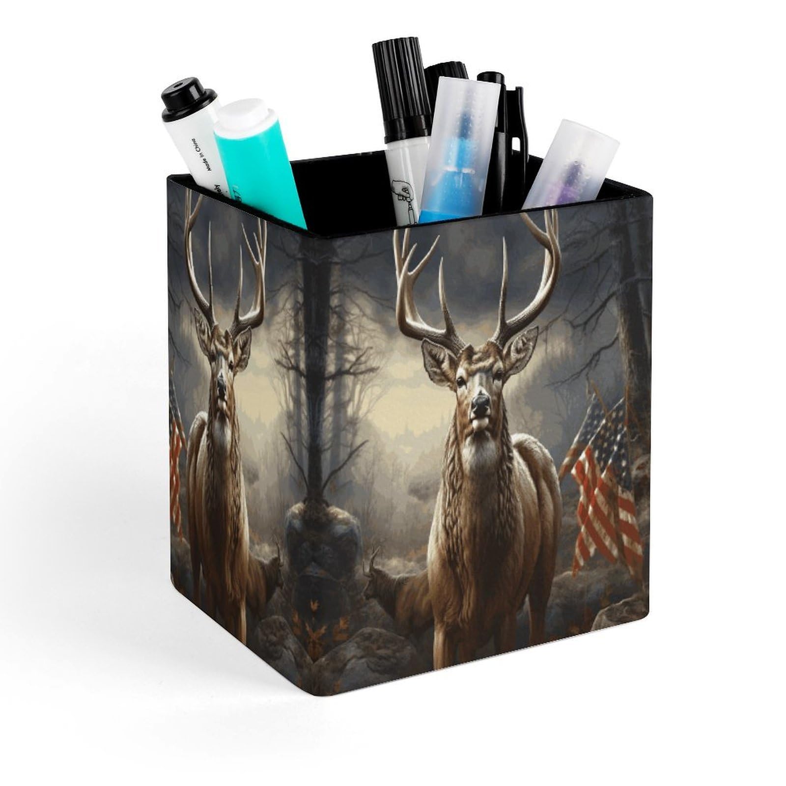 FekiLoot Deer Hunting Season Pencil Holder for Desk Square Leather Pen Holder Cup Desktop Organizer Multi-Functional Pencil Cup Holders Modern Decorative Desk Organizer Caddy Makeup Brush Holders