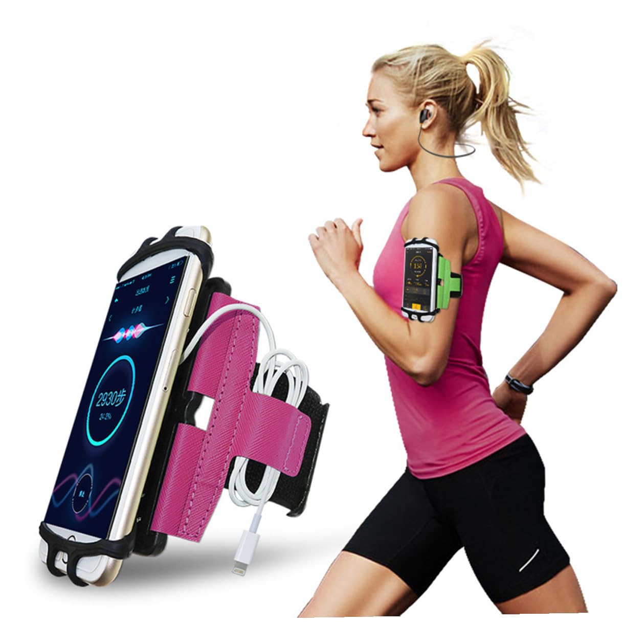 2 Pezzi Supporto per Braccio Cellulare Rotazione 180° Rosa, Cinturino Regolabile per Corsa e Sport All’Aperto, Porta Cellulare Foro Cuffie e Ricarica, Fascia Braccio Running