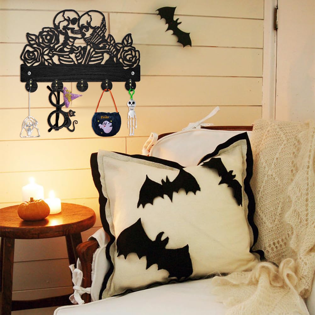 MAYJOYDIY Wood Skeleton Key Hook Wall Mounted Rose Flower Undead Key Holder for Wall 30×20cm Black Key Holder 5 Alloy Hooks Home Decor Gifts Entryway Kitchen Bathroom Storage Organizer - Image 2