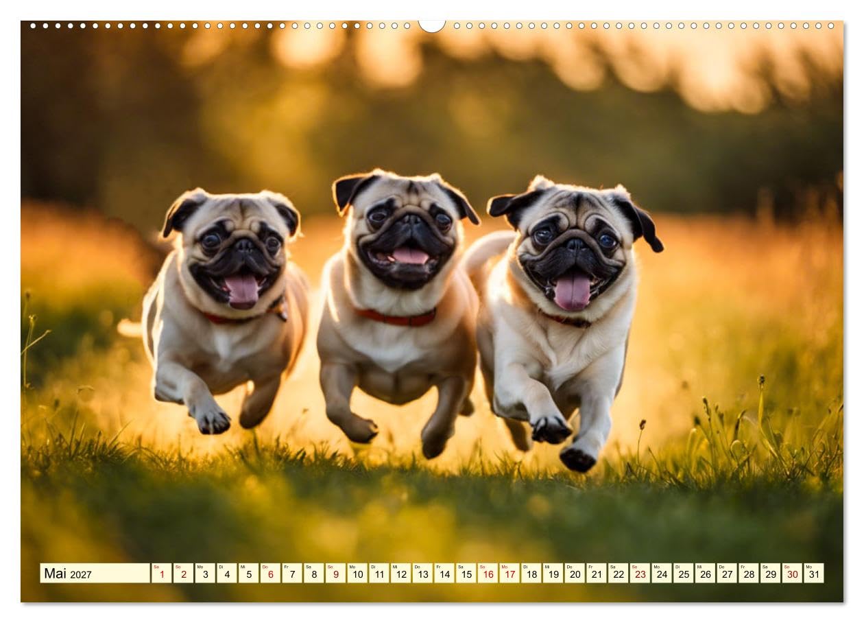 CALVENDO - Möpse - quirlige Charmebolzen (hochwertiger Premium Wandkalender 2027 DIN A2 quer), Kunstdruck in Hochglanz: Die i en Familien - und Seniorenhunde