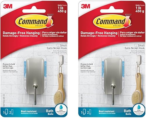 Command Gancho de baño pequeño, níquel satinado, 1 gancho, 2 tiras pequeñas resistentes al agua, organiza sin daños (paquete de 2)