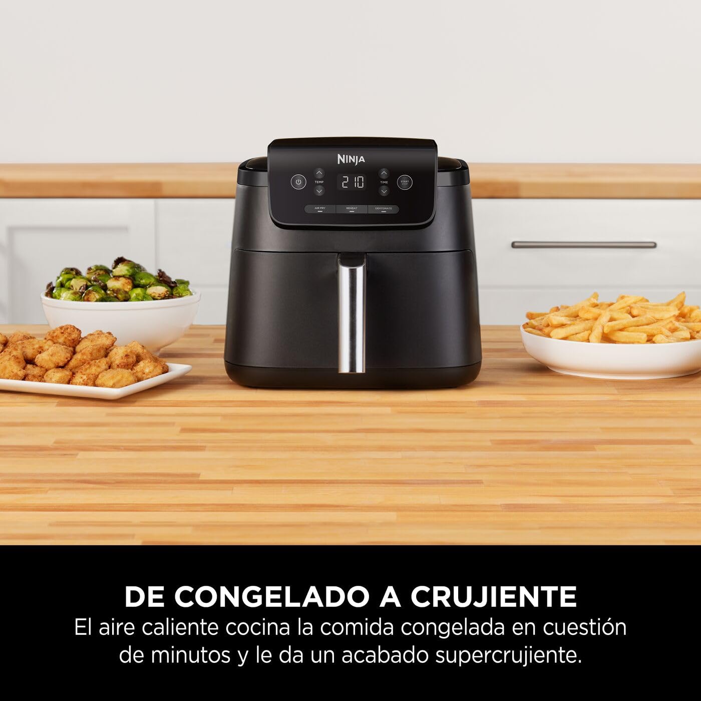 Ninja freidora de aire de 4,7 l, monocajón, 3 en 1, fríe con aire, recalienta, deshidrata, 1-2 personas, digital, cocina sin descongelar, cajón y rejilla antiadherentes, 2000W, negra AF110EU