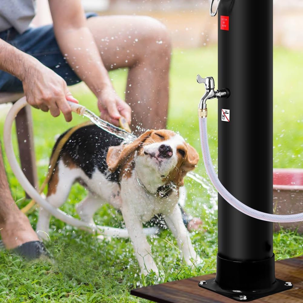 Douche solaire 35 L pour jardin et piscine, pommeau pluie orientable, mitigeur chaud froid, robinet lave-pieds, eau chaude jusqu’à 60 °C