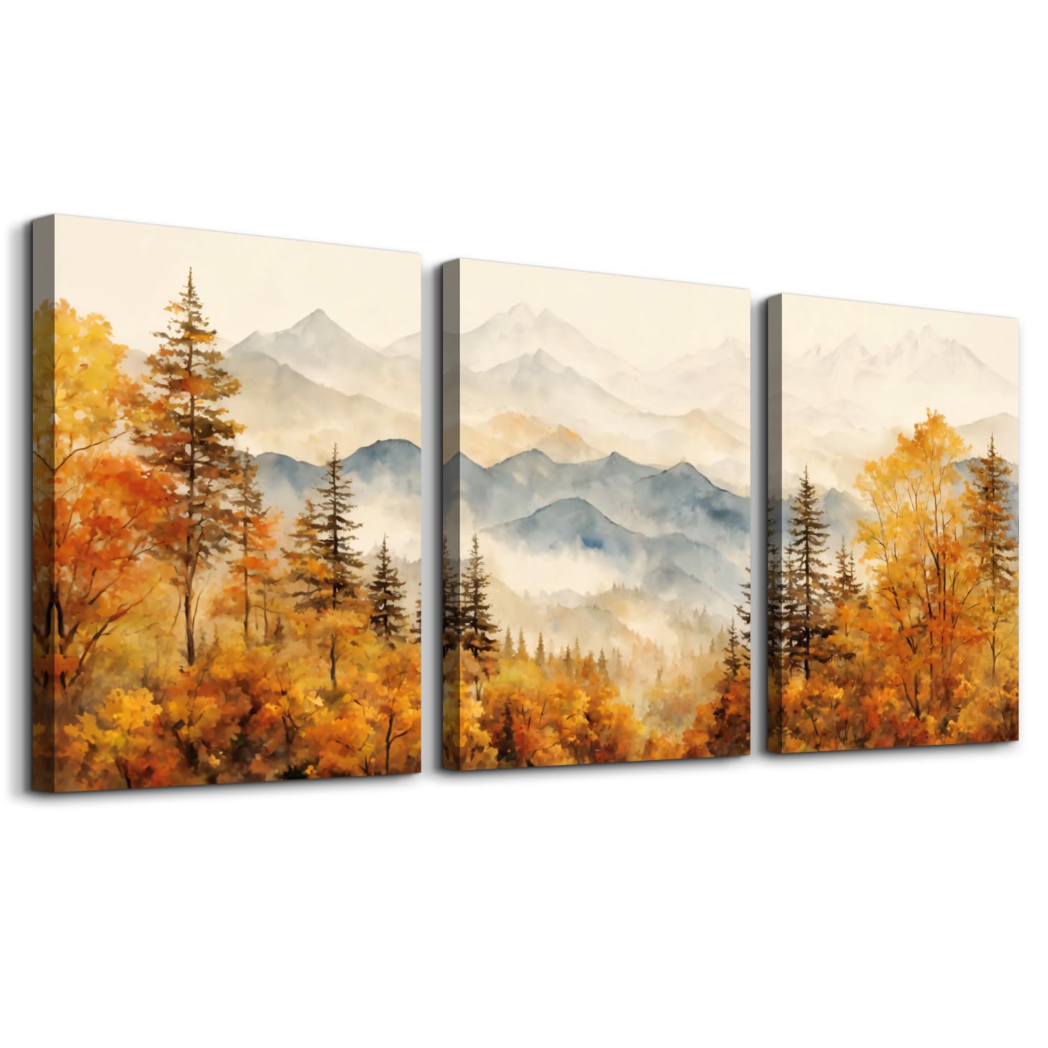 MHARTK66 Aquarell Gold Wald Leinwand Bilder Set Wohnzimmer, Herbst Durchgehende Bergkette Landschafts Wandbild Schlafzimmer, Gelb Abstrakt Bilde Aesthetic, Modern Minimal Wandeko Badezimmer Flur Büro