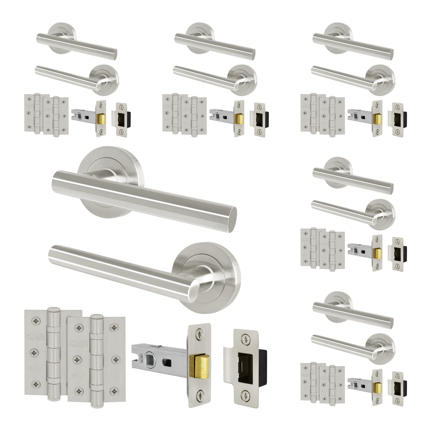Eai Satin Door Handle Latch Set Nickel - Pack Of 6 | Round T-Bar Internal Door Handles, Latch (64Mm), Hinges (76Mm)| Lever On Rose | Oliena Range