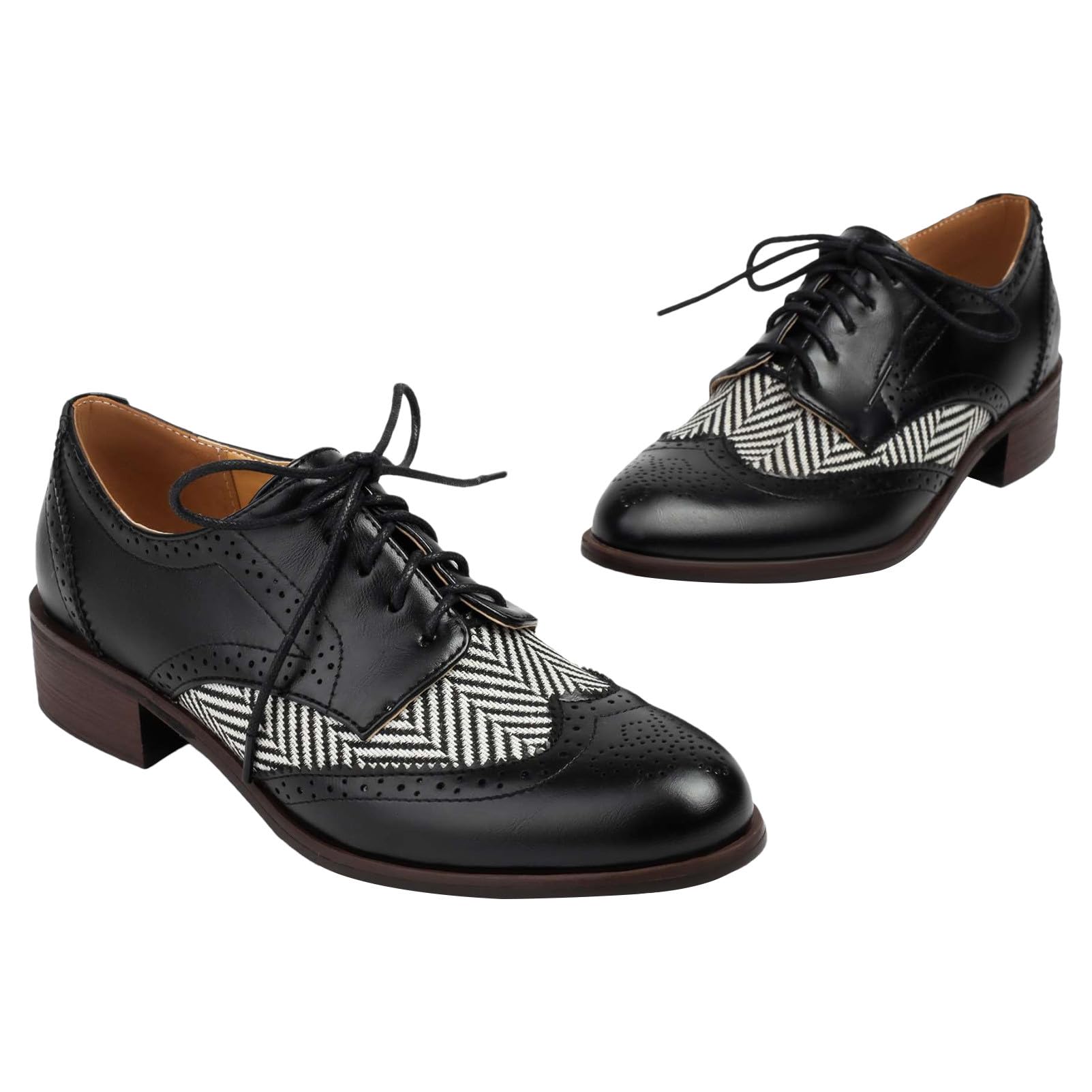 rismart Donna Classico Stringato Wingtips Tacco Grosso Contrastante Oxfords Scarpe Eleganti