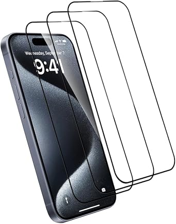 Screen Protector 3 Pack For iPhone 15, Tempered Glass HD Clear 9H Hardness Shatterproof, Anti Fingerprint, Anti Scratch, Vacuum Bonding Bubbles Free Easy Install
