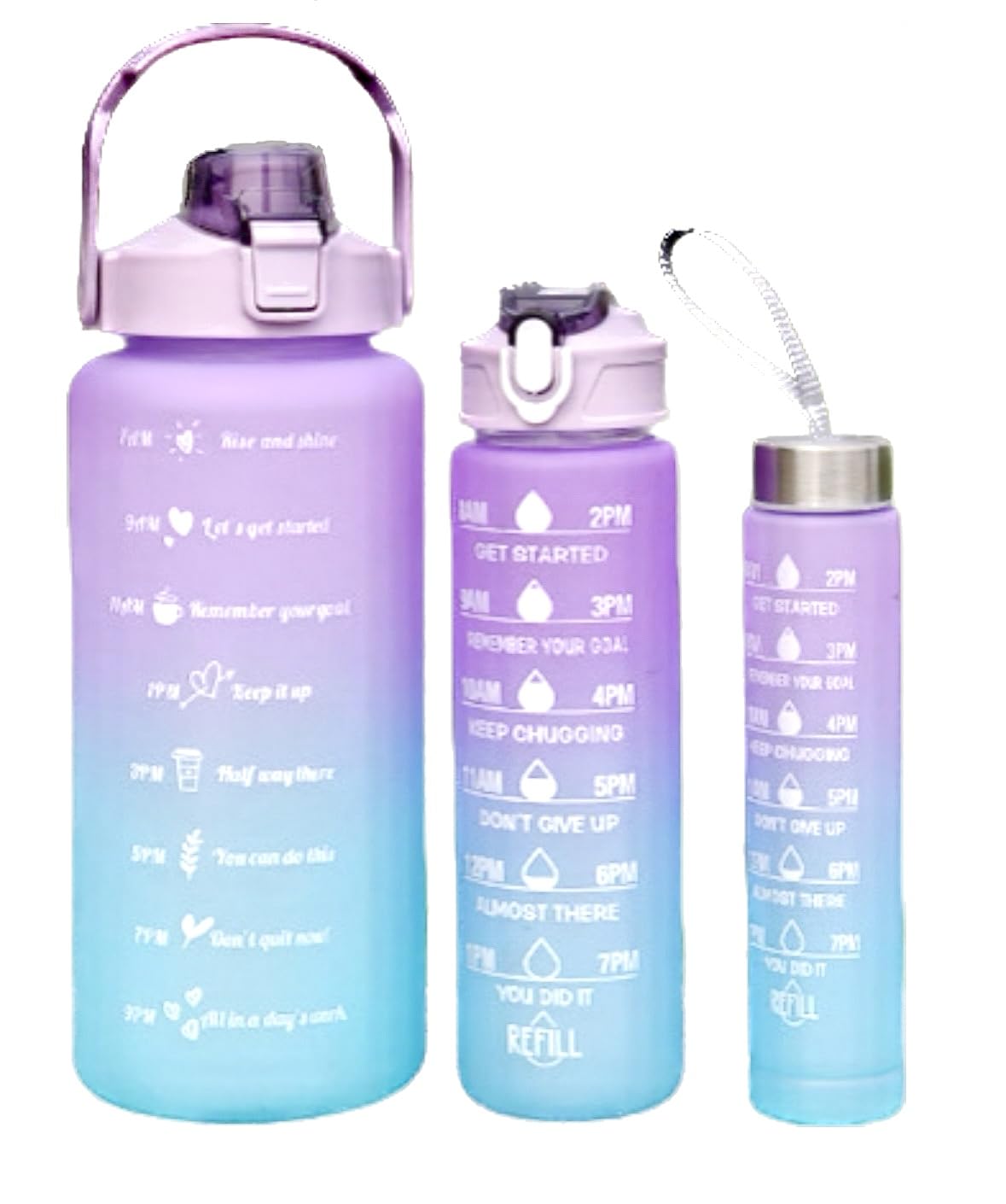 3 in 1 Pcs Set Water Bottle with Time Marker Straw 2000ml+900ml+700ml (purple & teal)