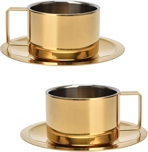 Juego de 2 tazas y platillos de expreso, taza de café y platillo, taza de café dorada, tazas demitasse de acero inoxidable, exquisitos recipientes