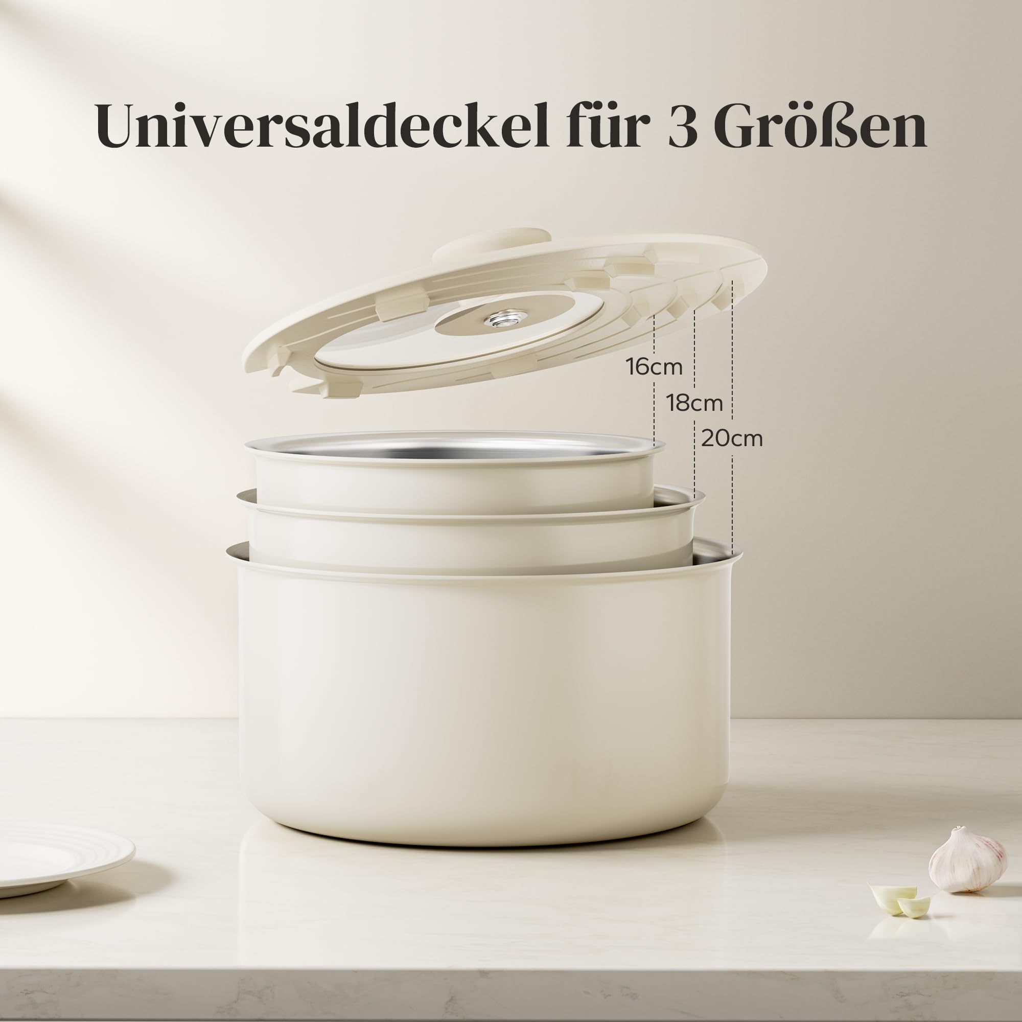 Redchef Batterie de cuisine induction acier inoxydable avec poignées amovibles, set 3 casseroles non revêtue 16/18/20 cm, compatible tous feux, couvercle 3 en 1, passe au four (beige)
