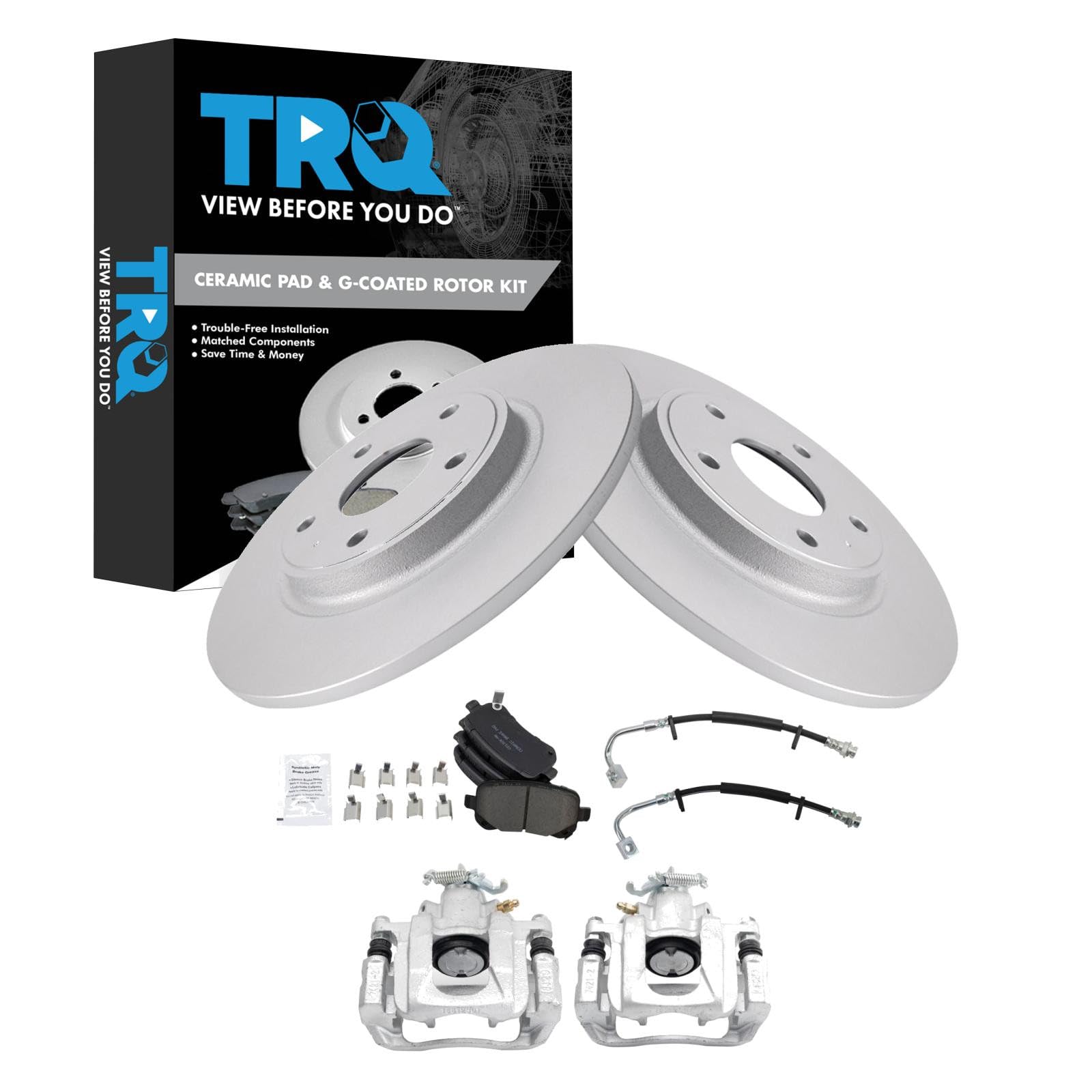 TRQ Rear Brake Pad and Rotor Set Ceramic Coated Rotors Calipers Compatible with 2012 Volkswagen Routan