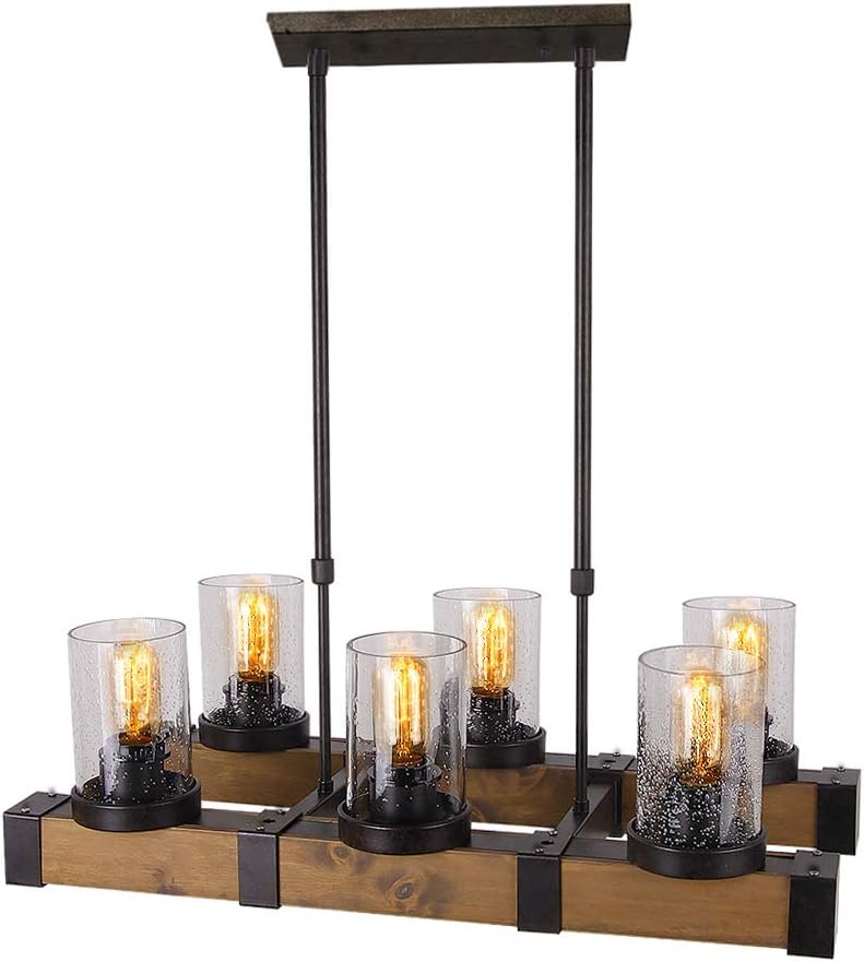 One-Day Sale: Up to 70% Off Anmytek Rustic Wood Chandelier 6 Lights, Farmhouse Kitchen Pendant Lamp Vintage Hanging Lighting Fixture with Seeded Glass Shades