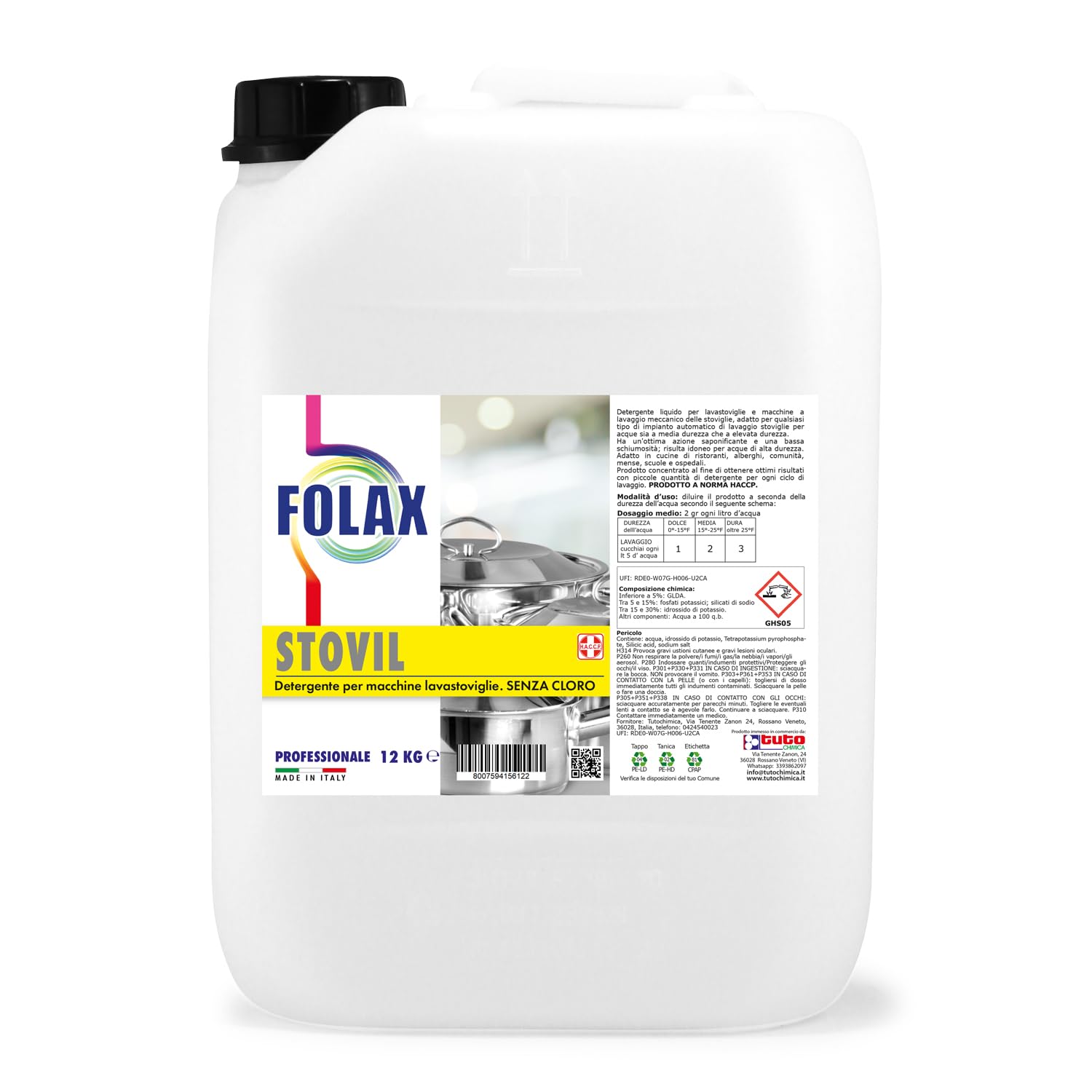 FOLAX STOVIL kg 12. Detergente Lavastoviglie Professionale, Detersivo Stoviglie Industriale, Lavapiatti, Bicchieri, Pentole, Disincrostante, Anticalcare, Senza Cloro