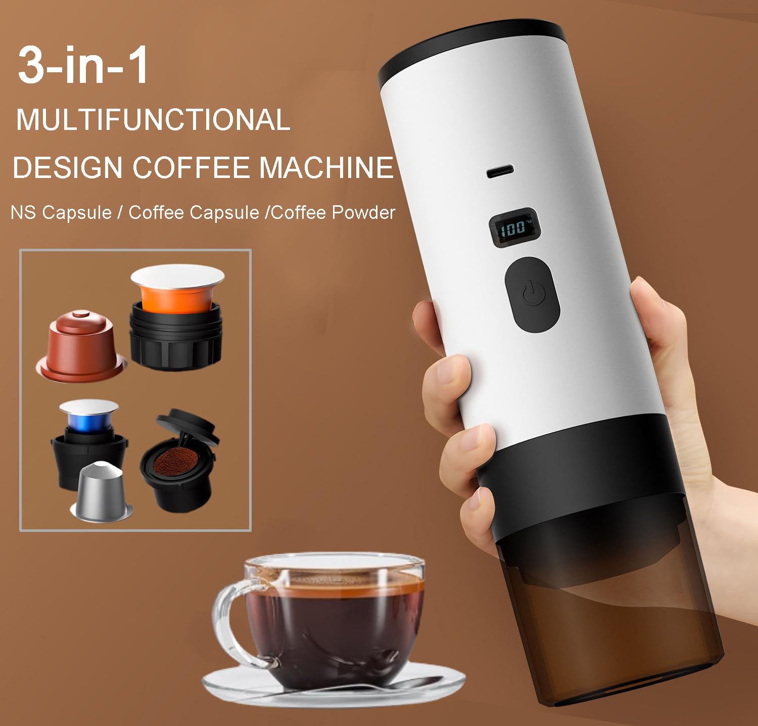 scosao Cafetera Eléctrica Portátil 12 V Cafetera Capsulas, Máquina de Café Espresso Auto-Calentamiento para Camping Coche Viajes Casa, compatible con cápsulas NS y Café Molido