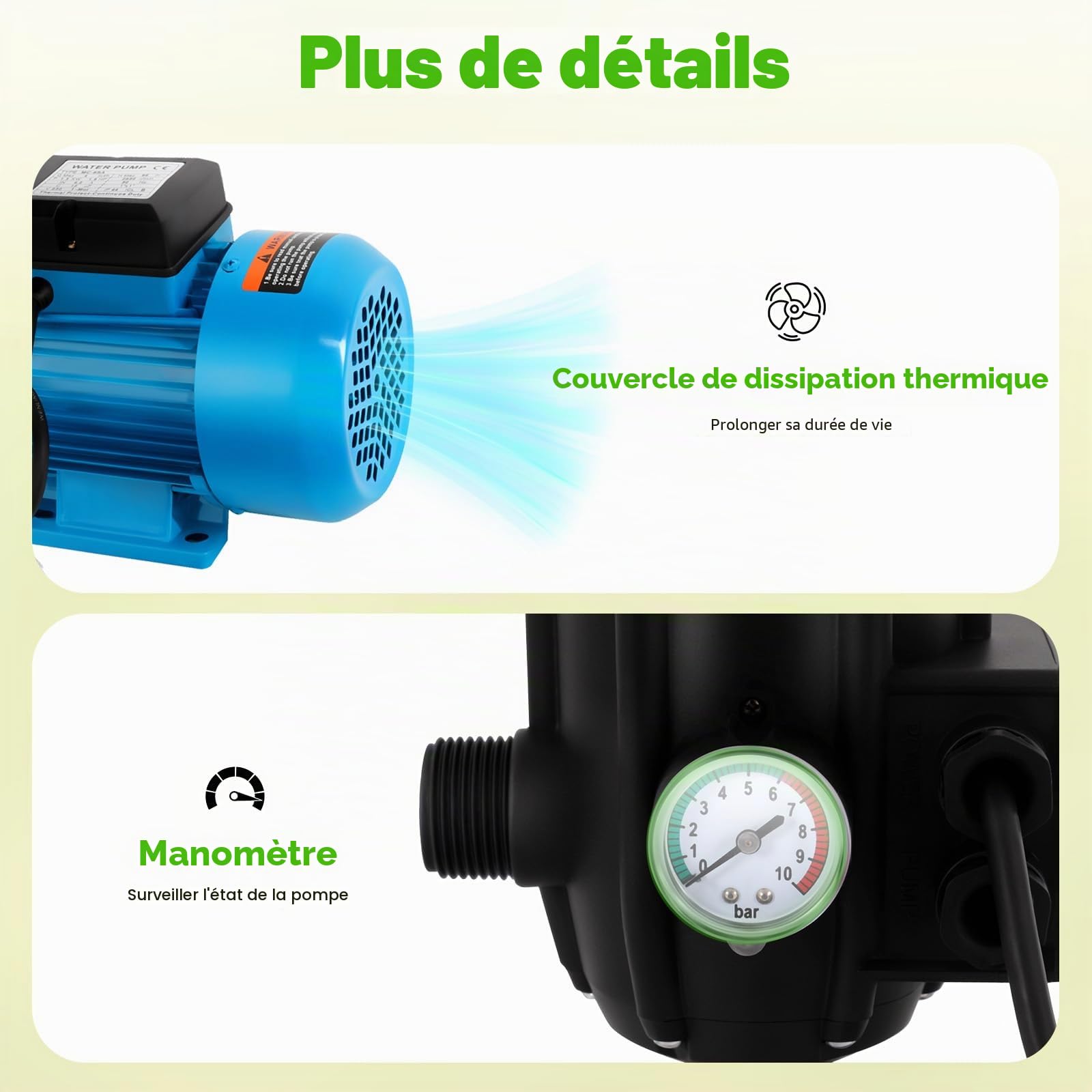 Pompe centrifuge de jardin 1300 W - Pompe à jet professionnelle avec interrupteur à pression - Pour arrosage des fermes, des étangs, des étangs - Classe de protection IP44 - Débit maximal
