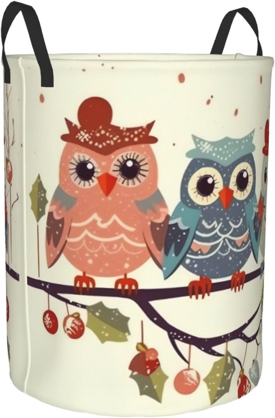 Cute Christmas Owls on Branch Laundry Basket With Handles, Foldable Laundry Hamper Oxford Cloth Dirty Clothes Basket Waterproof Clothes Toys Storage Bin Organizer for Bedroom Bathroom Dorm