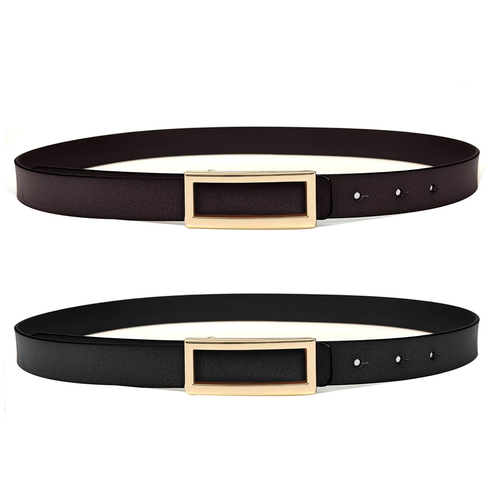 MoYoTo Women's 2 Pack Reversible Leather Belt Thin Waist Belt For Jeans Pants Dresses with Gold Square Buckle
