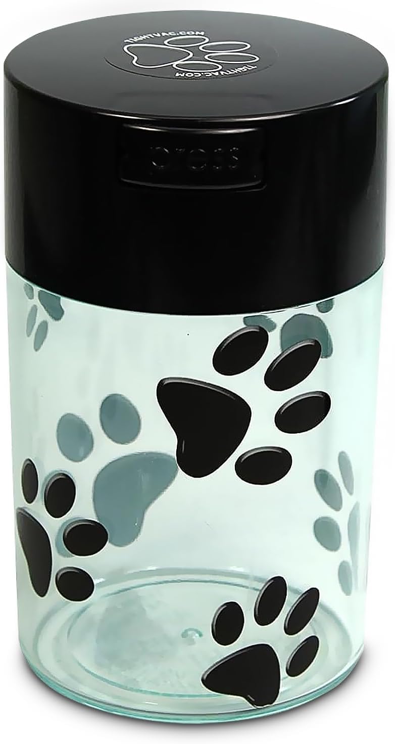 Pawvac 1 to 6 Ounces Container, Airtight Pet Food and Treats Storage Jar - Patented Vacuum Seal Container for Pet Food, Treats and other Dry Goods - Clear with Paws