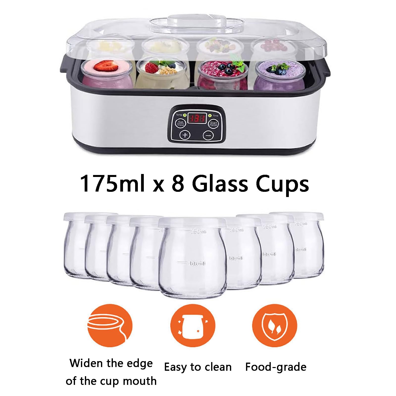 Yaourtière pour Yaourts Probiotiques, Machine À Yaourt, Température et Durée Réglables, Facile À Nettoyer, avec 8 Pots en Verre, Idéale pour Un Usage Domestique