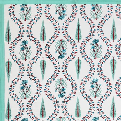 Image of BLOCKS OF INDIA Hand Block /Batik Print Rectangular Table Cloth for 6 Seater Dining Table (60 Inch X 90 Inch)(Turquoise Patti)