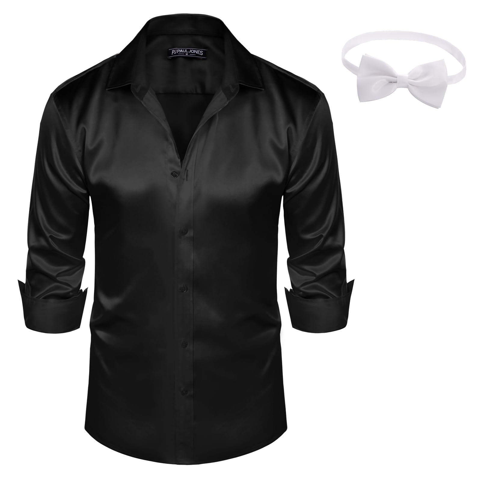 PaulJones Camicia Elegante in Raso di Seta da Uomo a Maniche Lunghe | Papillon abbinato, finta seta, lucido, cena e festa