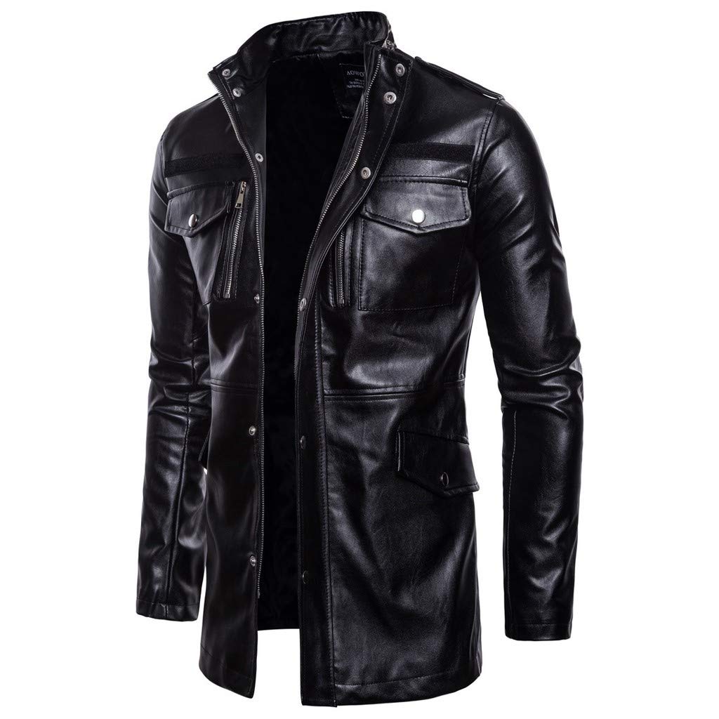 Abrigo de piel para hombre, de longitud media, chaqueta de cuero, chaqueta de piel vigilante, abrigo para carretera, cortavientos, otoño e invierno, chaqueta de motorista con muchos bolsillos