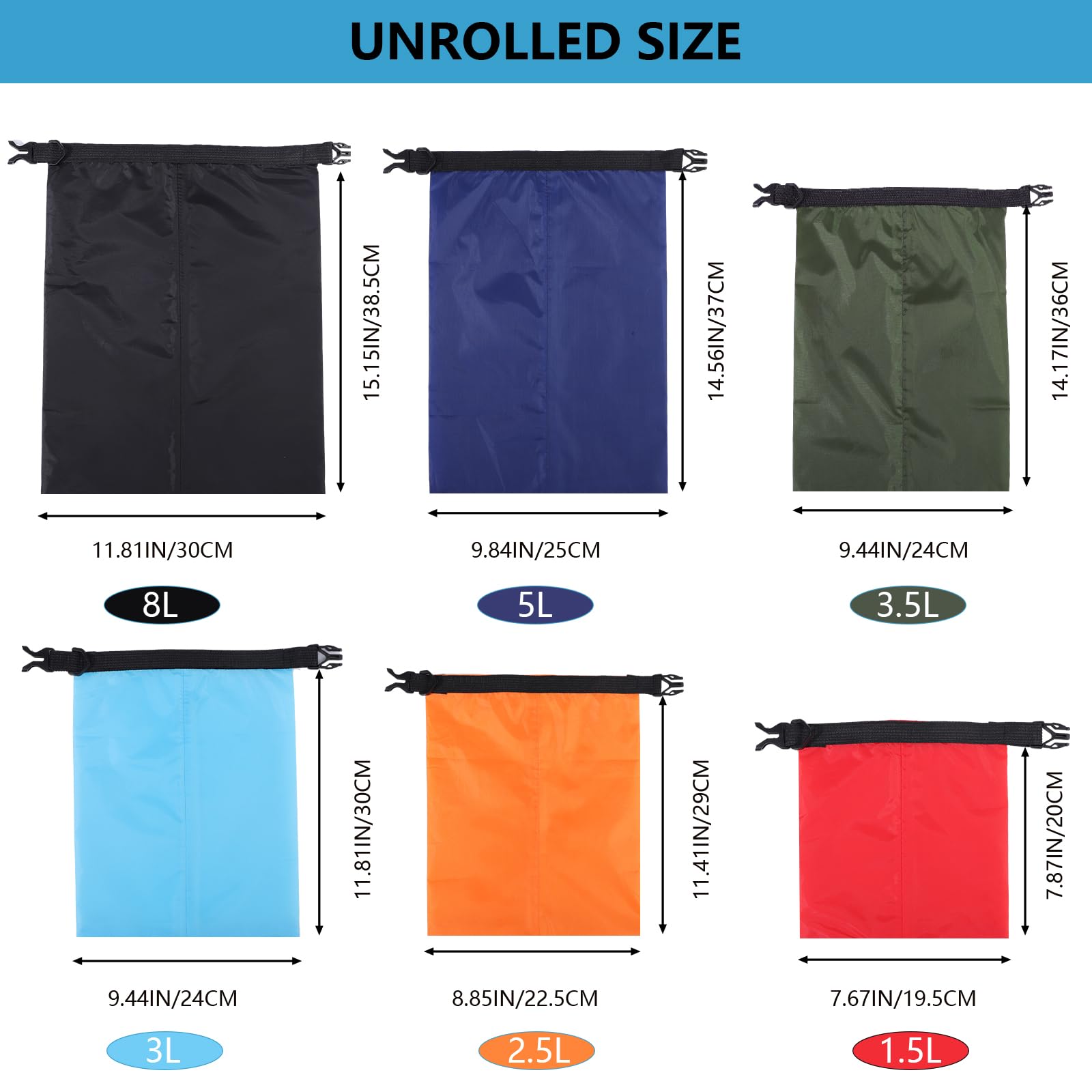 Pimoys 6 Pack Waterproof Dry Bags, Lightweight Outdoor Dry Sacks Ultimate Dry Bags for Kayaking Rafting Boating Camping (1.5L, 2.5L, 3L, 3.5L, 5L, 8L)