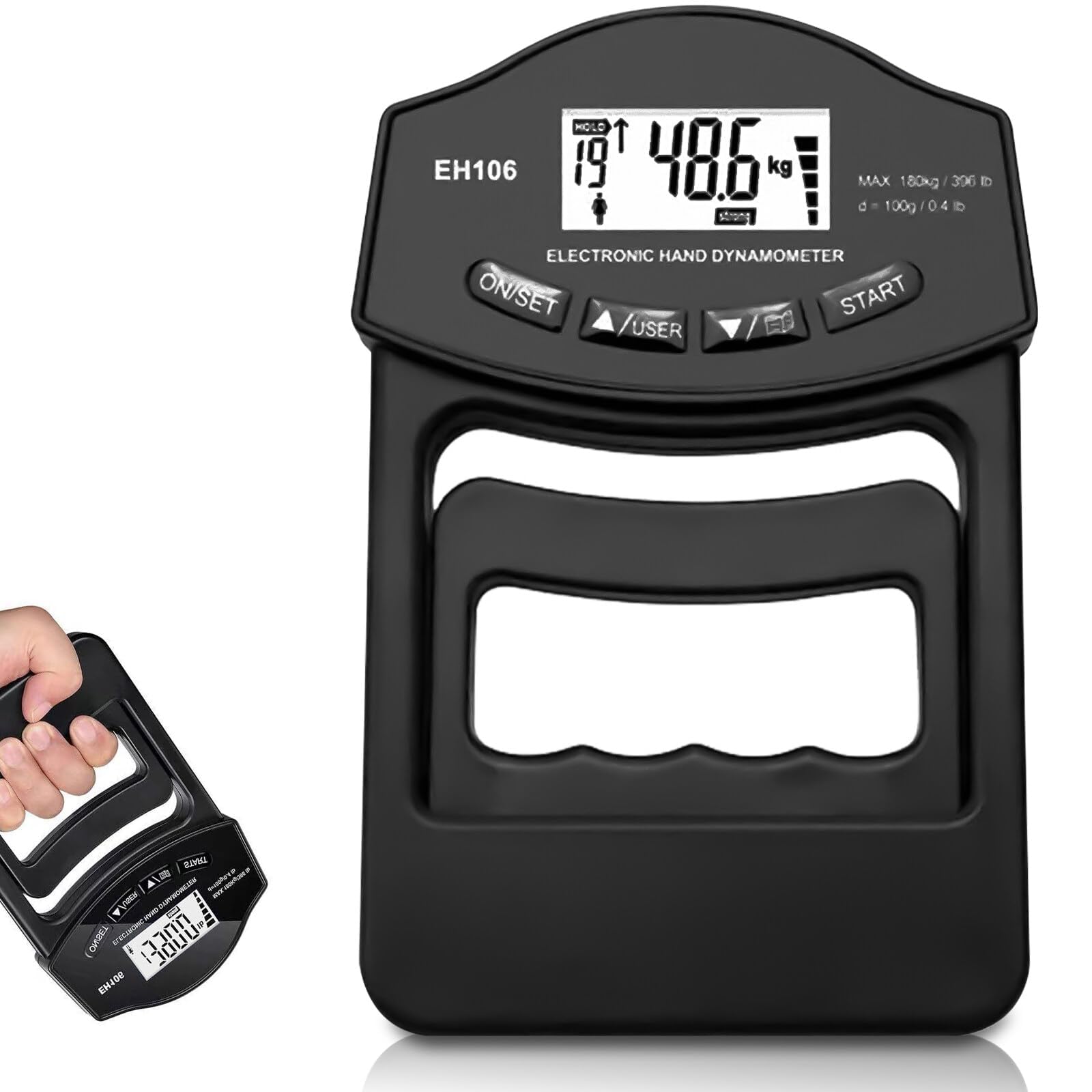 Powermètre numérique, dynamomètre manuel, 180 kg, intelligent et sensible, grande force de préhension électronique, avec écran LED, câble de charge USB (noir)