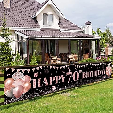 TUTUXMA Large Happy 70th Birthday Banner Black and Rose Gold Yard Sign Birthday Banner for Women Girl 70th Birthday Photo Backgroud Party Indoor Outdoor Decorations Supplies 118 × 19.6 Inch Cover