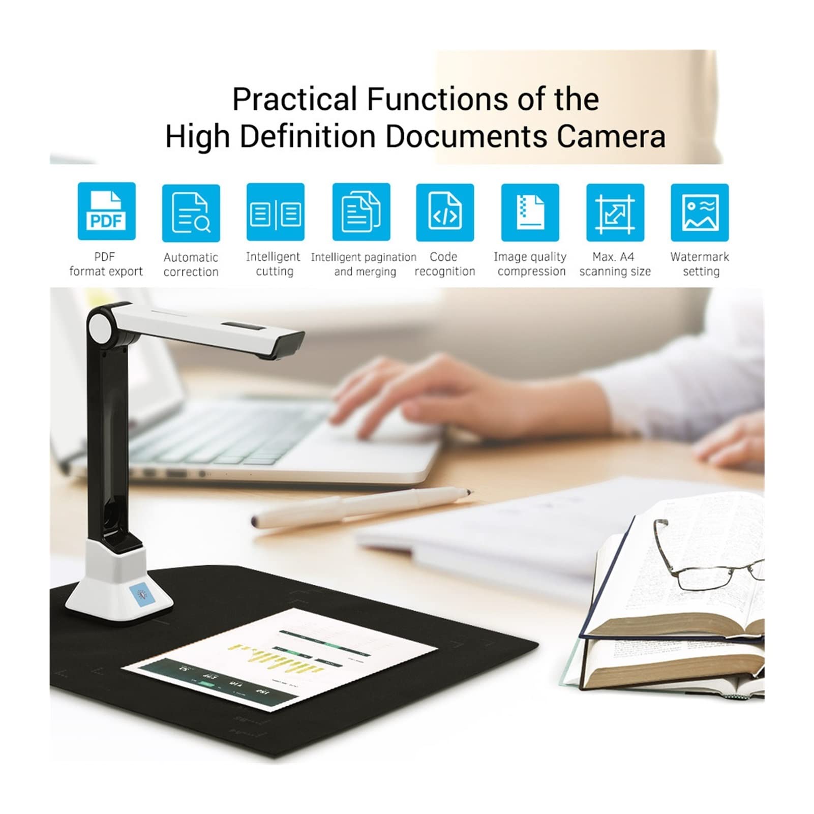Escáner portátil, Bk50 Portátil 10 Mega-Pixel Book Scanner Tamaño A4 Document Cámara for el escáner de reconocimiento Archivos