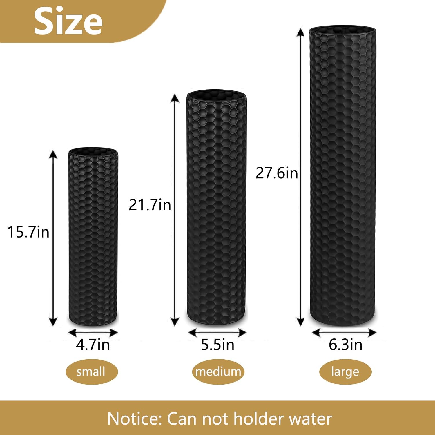 Black Tall Floor Vase - Set of 3 Extra Large Metal Decorative Vases for Living Room, 27.6" Long Modern Honeycomb Texture Big Cylinder Standing Corner Decor for Home Dining Bedroom Pampas Grass