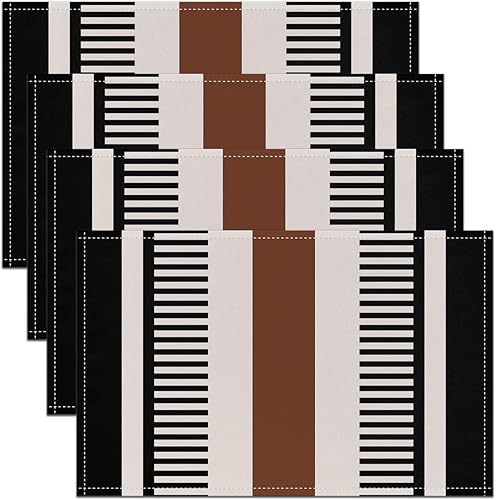 Juego de 4 manteles individuales color negro, blanco y marrón, con rayas geométricas, estilo bohemio para hombres, mujeres y adultos, estilo simple