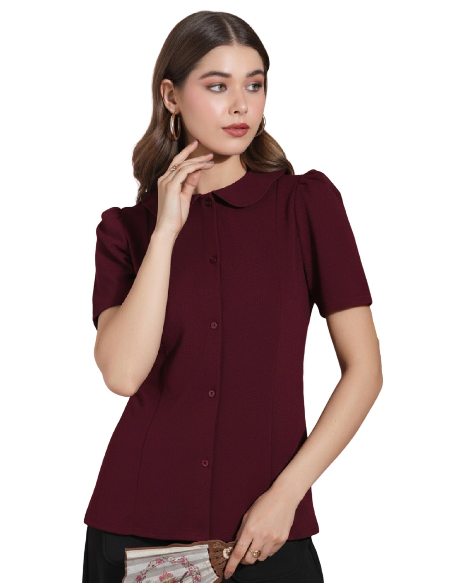 selvia Women's Trendy Peter Pan Collar Button Front Top-picture-54