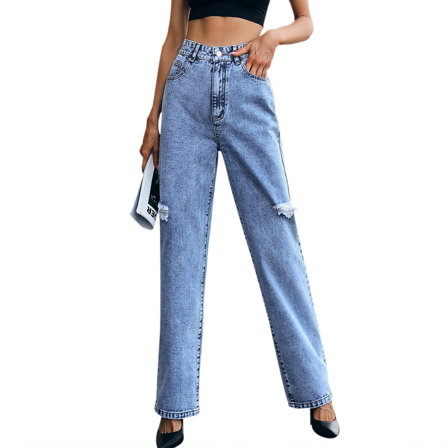 Jeans da donna a vita alta strappati a gamba dritta invecchiato boyfriend jeans Y2K moda strappato pantaloni in denim