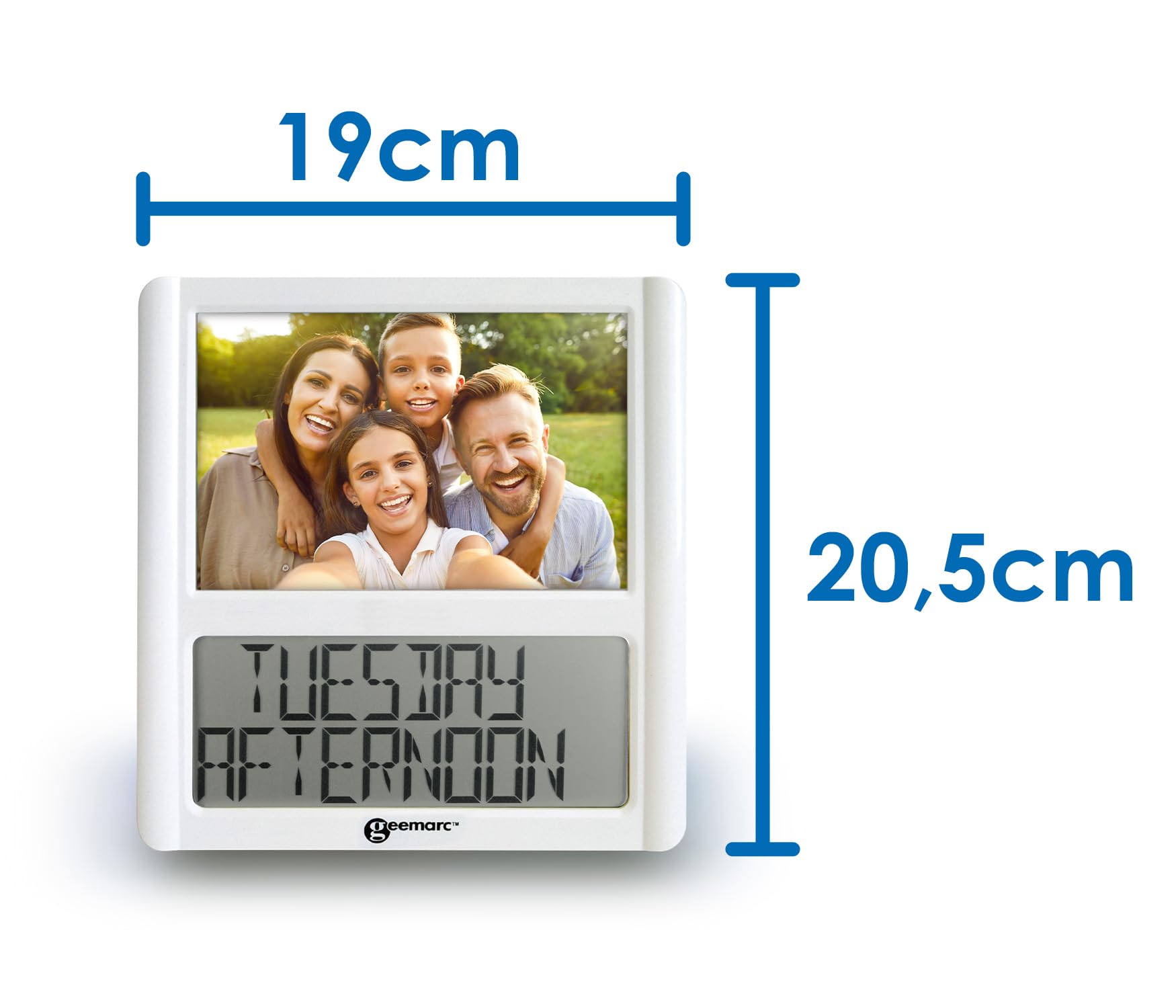 Horloge Calendrier Numérique et Son Cadre Photo Personnalisable - La Viso5 de Geemarc avec Réglage Automatique de l’Heure pour Les Personnes Âgées - Fonctionne sur Pile - sans Rétroéclairage