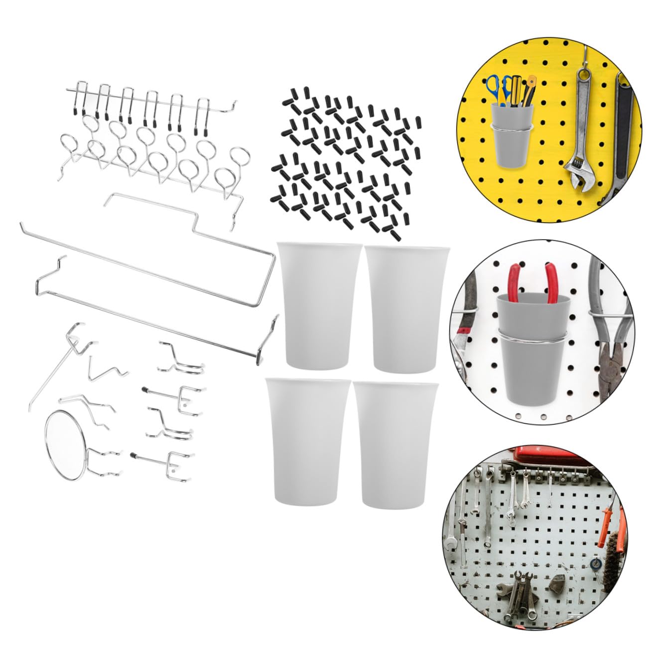 Cabilock Set di Ganci per Pannelli Forati in Acciaio Inox, 170 Pezzi | Argento, Forme Arrotondate Assortite, per Garage e Negozi, Accessori per Organizer da Parete Forata