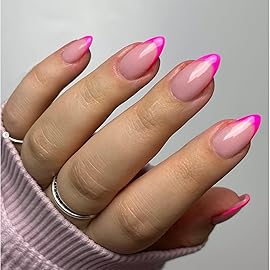 Hot Pink French Tip Press on Nails Short Almond Nails Press ons French Tip Glue on Nails for Women DIY Acrylic French Nails Short Gel Nails, Natural Thick Extra Short French Fake Nails 30Pcs 15 Sizes