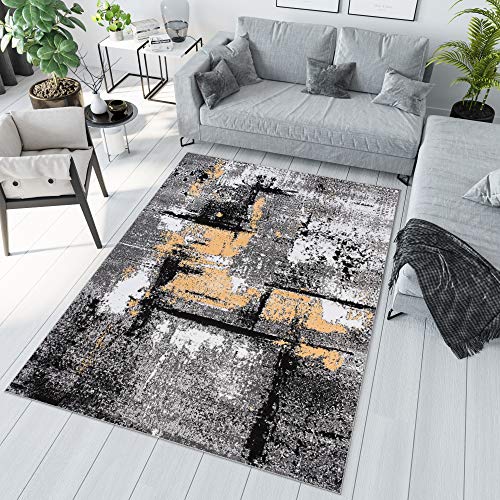 TAPISO Maya Tapis de Salon Chambre Ado Design Moderne Jaune Noir Gris Blanc Abstrait Rayures Taches Fin 200 x 300 cm