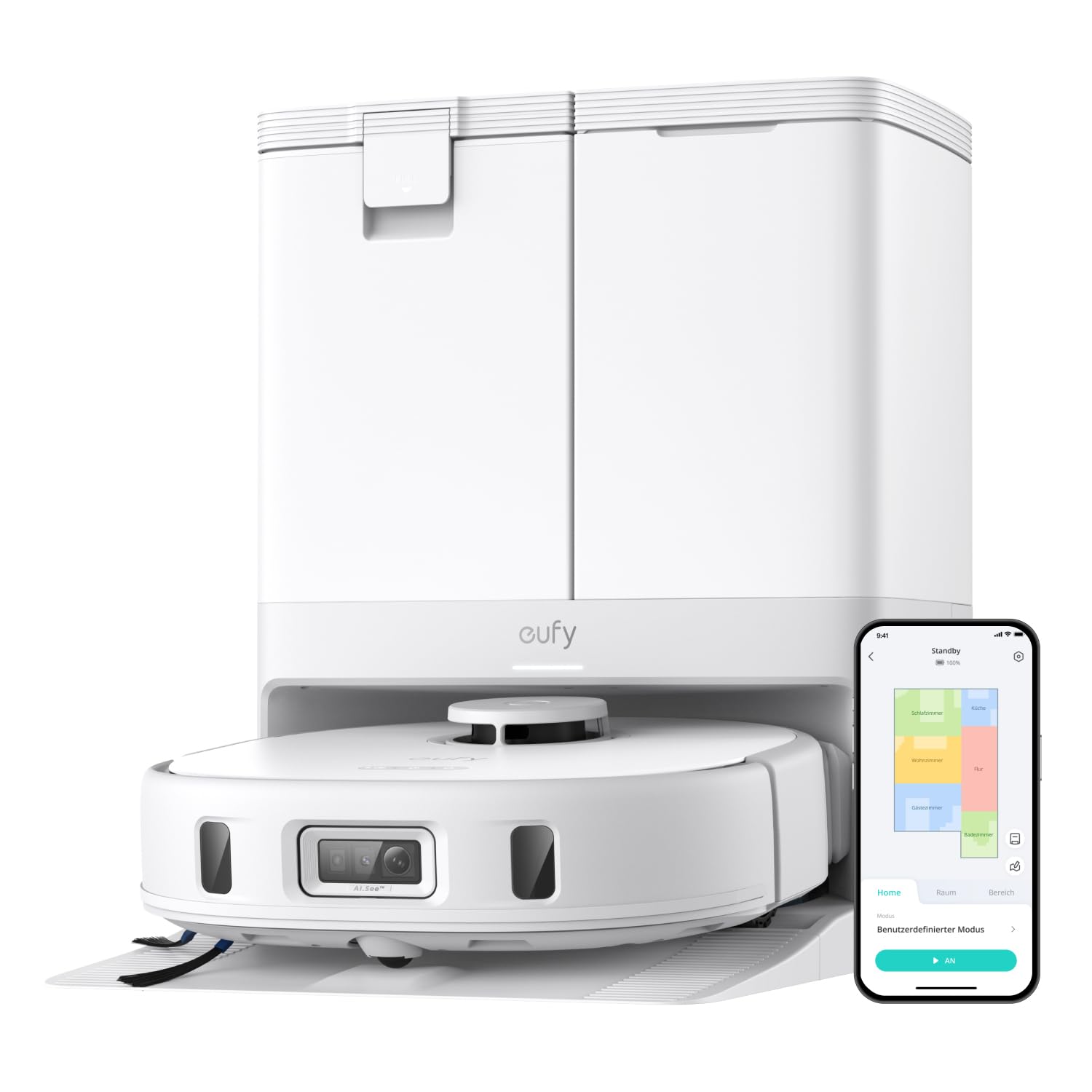 eufy X10 Pro Omni Saugroboter mit Wischfunktion & Absaugstation, All-in-One-Station, 8.000Pa, Auto-Absaugen/Befüllen, 2× Auto-Lift-Mopp mit Auto-Waschen/Trocknen, Aktive Hindernisvermeidung(weiß)