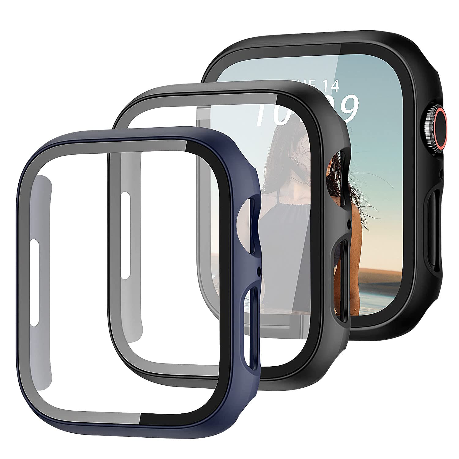 2 Pack Screen Protector Compatible for Apple Watch Series 7 45mm, Full Coverage HD Hard PC with Tempered Glass Case Protective Bumpers Cover for iwatch 7,Black & Blue