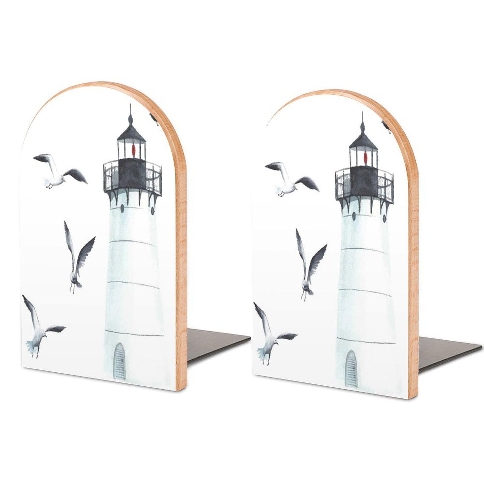 Watercolor Lighthouse and Seagulls Print Beech Wood Bookends Heavy Duty Book Organizers Desktop File Holder for Office Home Bookshelf