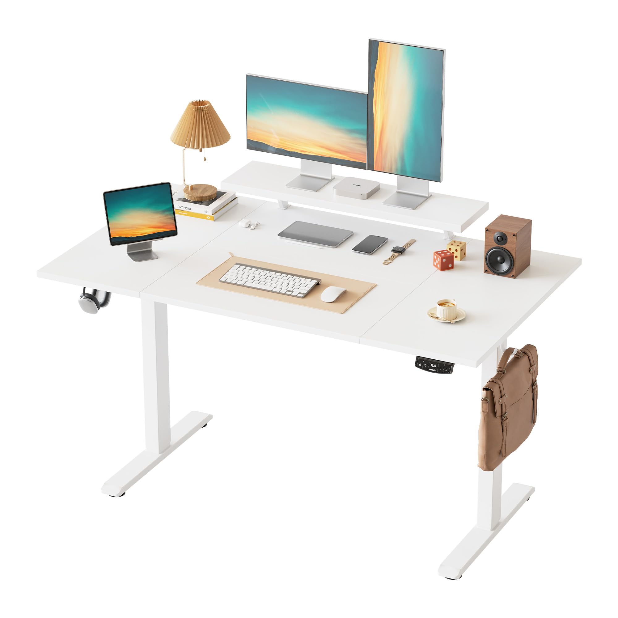 Klicelor Electric Height-Adjustable Desk with Movable Monitor Stand, 140 x 80 cm Sit-Stand Desk with 2 Memory Buttons and 4-Piece Table Top, Computer Desks, White