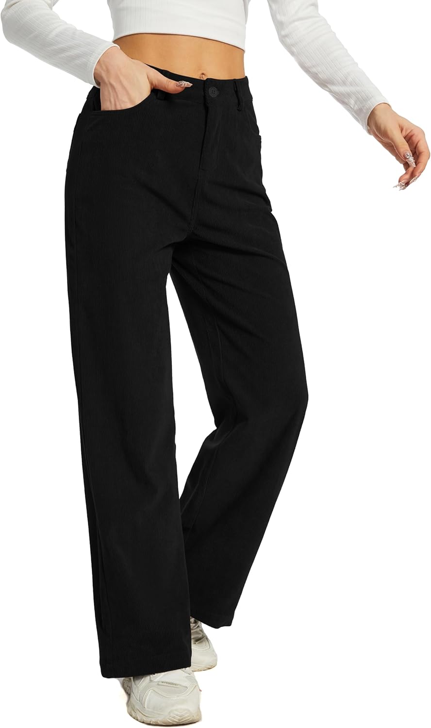 Women's Corduroy Loose Mid Rise Pant Casual Fall Straight Leg Elastic Waist Pants with Pockets - Image 5