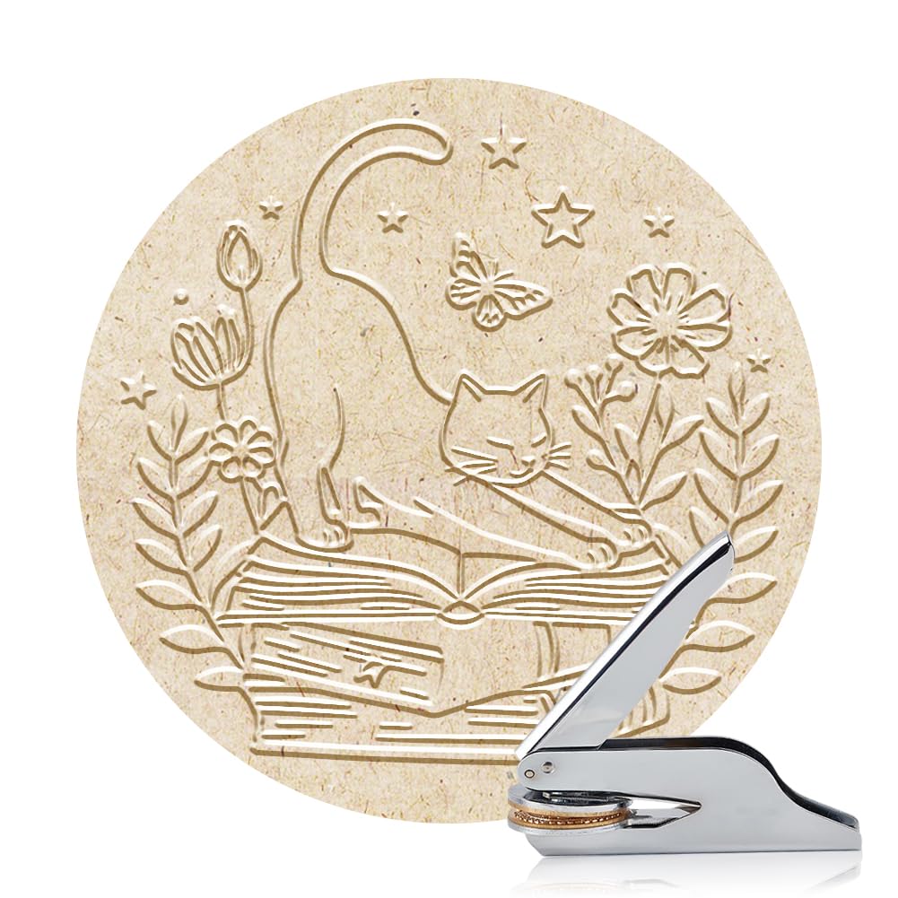 ANATTASOUL Book Embosser Personalized Cat and Book Pattern Book Stamp, Durable Library Stamp with Handle Set for Paper, Books, Envelopes, Invitation, Certificate, Gifts