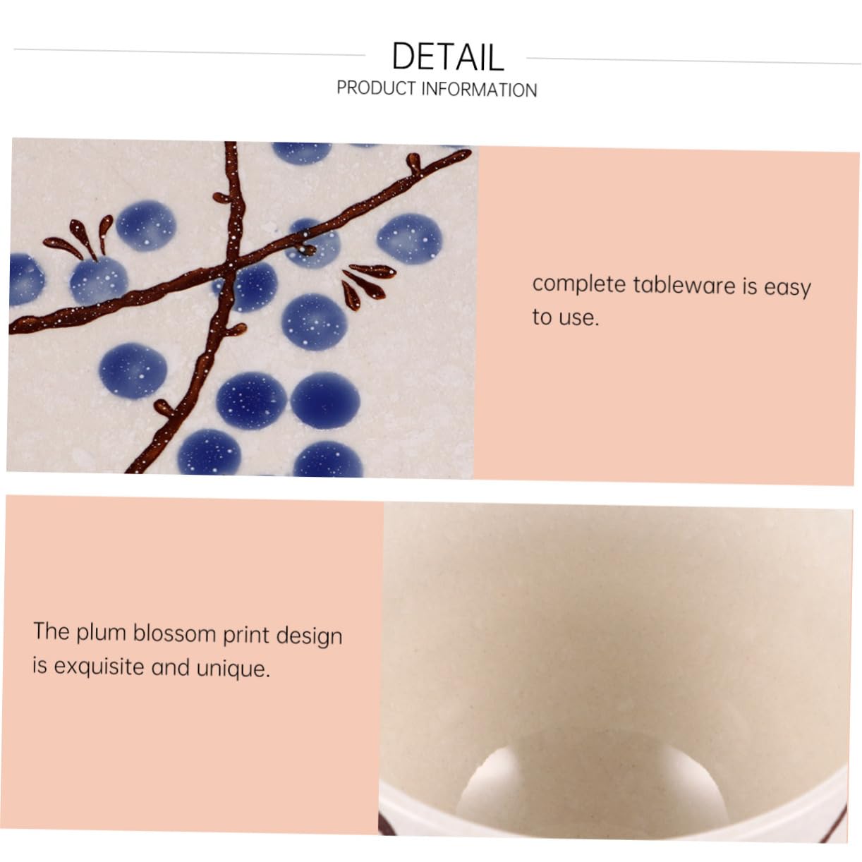 COLLBATH Ensemble D'assiettes Japonerie en Céramique 6 Pièces Personne Bol, Tasse, Cuillère et Baguettes en Bois, Vaisselle Pratique et Design Fleur de Prunier Bleu