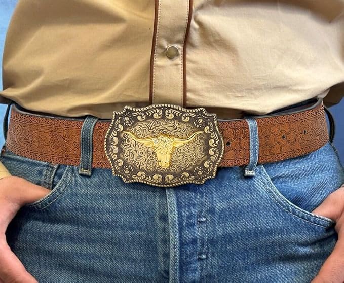 Image of Western-Cowboy-Leather-Belts for Women Turquoise-Oval-Buckle Embossed Belt