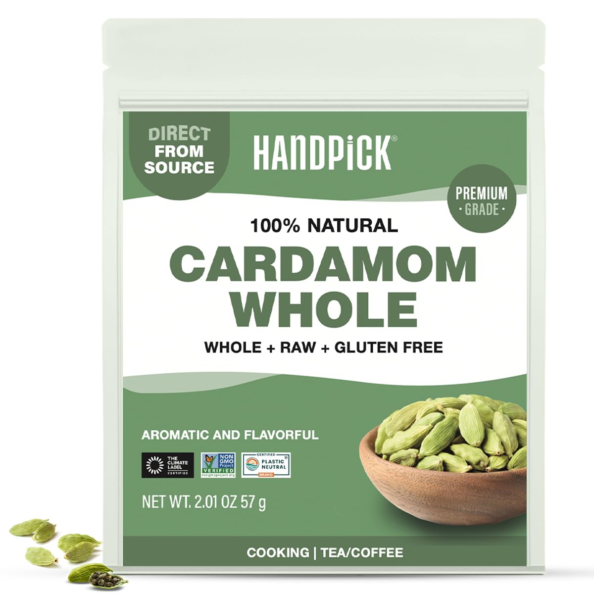 HANDPICK Green Cardamom Pods (57g / 2oz) Large size Green Elaichi | Pure, Non-GMO, Gluten Free | 100% Raw from India | Resealable Zip Lock Pouch