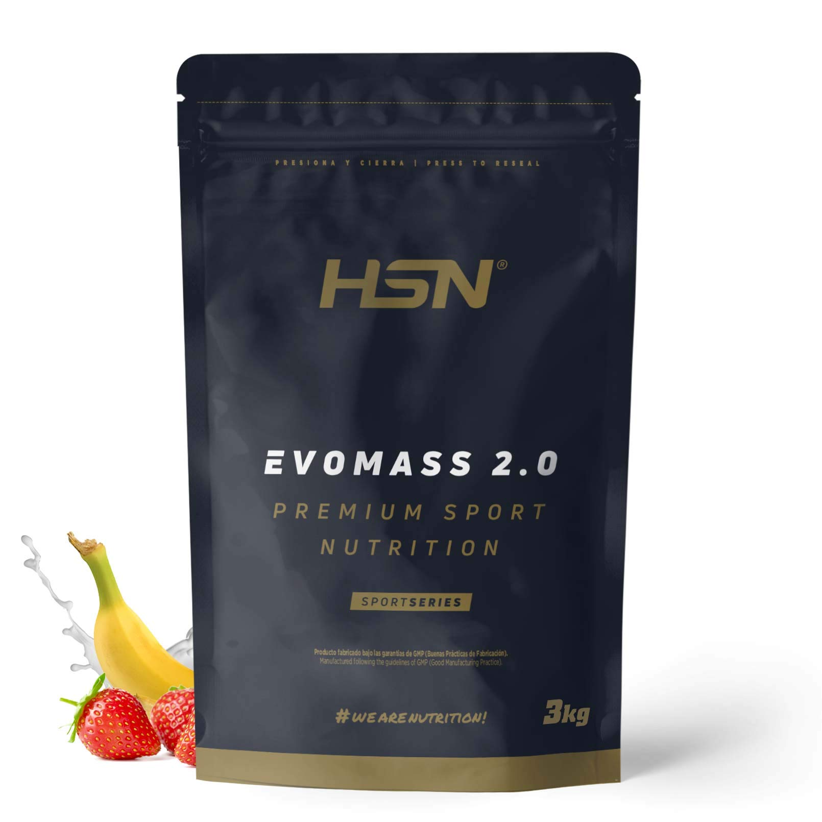 Batido de Carbohidratos y Proteínas Vegetariano de HSN Evomass 2.0 | Sabor Fresa Banana 3 Kg = 30 Tomas por Envase | Whey Protein y Proteína de Leche | Textura Cremosa | No-GMO, Sin Gluten